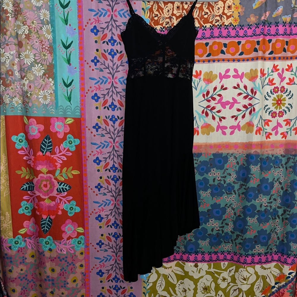 ONE CLOTHING Black Midi Asymmetrical Dress W/Lace/Corset Style Bodice Juniors XS